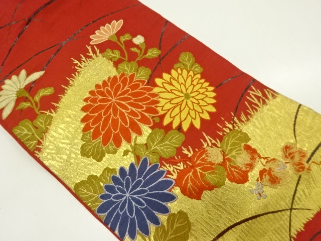 JAPANESE KIMONO / ANTIQUE NAGOYA OBI / WOVEN FENCE & FLOWER